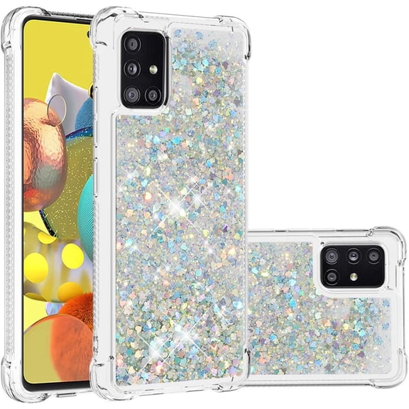 Compatible with Samsung Galaxy A51 5G Case Glitter Luxury Cute Love Liquid Quicksand Clear TPU Girls Women Stylish Bumper Shockproof Protective Case for Samsung Galaxy A51 5G Sliver YB