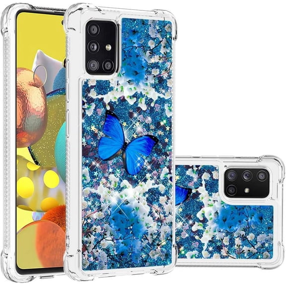 Compatible with Samsung Galaxy A51 5G Case Liquid Glitter Cute Stylish Slim TPU Silicone Quicksand Sparkle Shockproof for Women Protective Case for Samsung Galaxy A51 5G Blue Butterfly YB