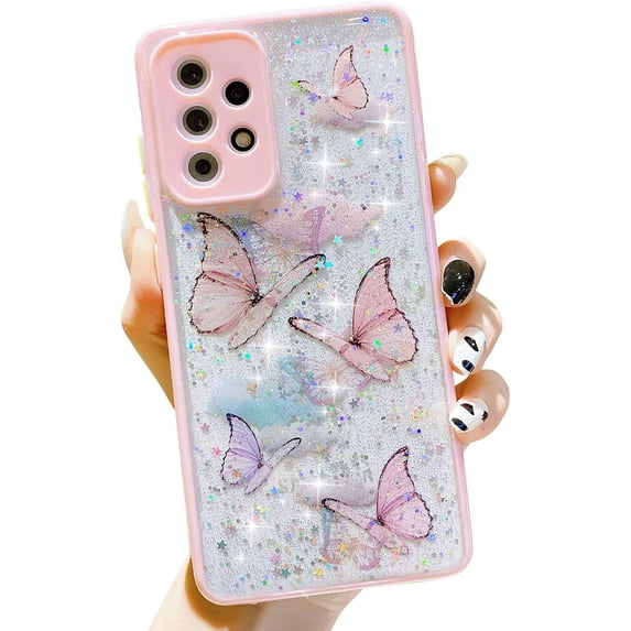 Compatible with Samsung Galaxy A52 4G/5G Case for Girls,Soft Slim Fit Full-Around Protective Cute Clear Sparkly Bling Star Butterfly Pattern Phone Case Glitter Cover for Samsung Galaxy A52 -Pink