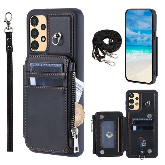Compatible with Samsung Galaxy A52 4G/5G PU Leather Clasp Flip Zipper Purse Case, with Shoulder Strap Lanyard for Women Credit Card Holder Cell Accessories Phone Cover for Samsung Galaxy A52, Black