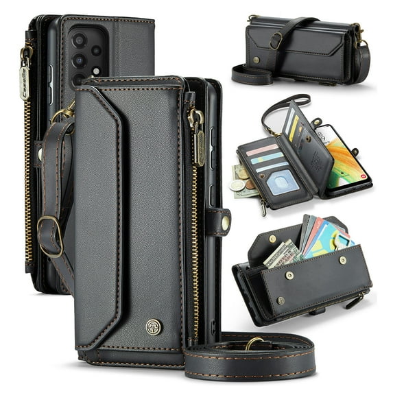 Compatible with Samsung Galaxy A52 4G/5G Rugged PU Leather Wallet Case, Card Slots Zipper Pocket Lanyard Crossbody Strap Kickstand RFID Blocking Full Body Protection Cover for A52 4G/5G, Black