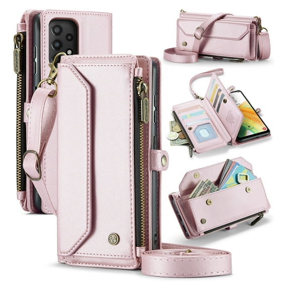 Compatible with Samsung Galaxy A52 4G/5G Rugged PU Leather Wallet Case, Card Slots Zipper Pocket Lanyard Crossbody Strap Kickstand RFID Blocking Full Body Protection Cover for A52 4G/5G, Pink