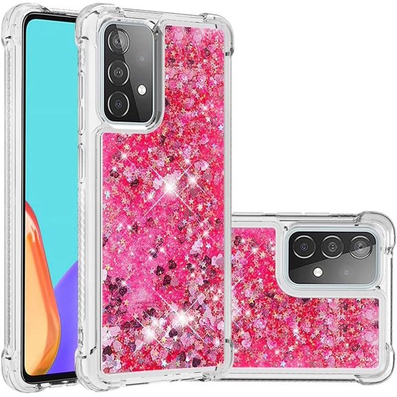 Compatible with Samsung Galaxy A52 5G Case Glitter Liquid Cute Clear Phone Case Floating Quicksand Shockproof Protective Bumper Silicone TPU Case for Samsung Galaxy A52 5G Love Pink YB