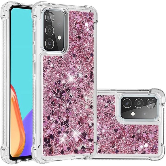 Compatible with Samsung Galaxy A52 5G Case Glitter Liquid Cute Clear Phone Case Floating Quicksand Shockproof Protective Bumper Silicone TPU Case for Samsung Galaxy A52 5G Love Rose YB
