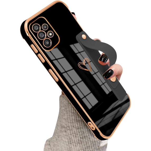 Compatible with Samsung Galaxy A52 6.5" 2021 Case Thin for Women Girls,Soft TPU Plating Bumper Wristband Holder Case Slim Anti-Scratch Shockproof Love Heart Cute Case(Elegant Black)