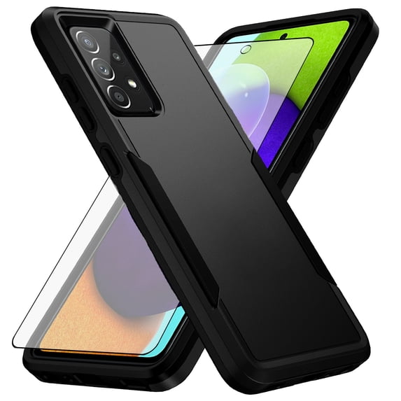 Compatible with Samsung Galaxy A52/A52S 5G Phone Case Tempered Glass Screen Protector Hybrid Rugged Shockproof Hard Protective Drop Proof Full Body Heavy Duty Mobile Cell Cover for A 52 S 52A Black