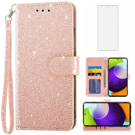 Compatible with Samsung Galaxy A52/A52S 5G Wallet Phone Case and Tempered Glass Screen Protector Flip Credit Card Holder Stand Bling Glitter Cell Cover for A 52 S 4G G5 52A S52 52S Women Pink