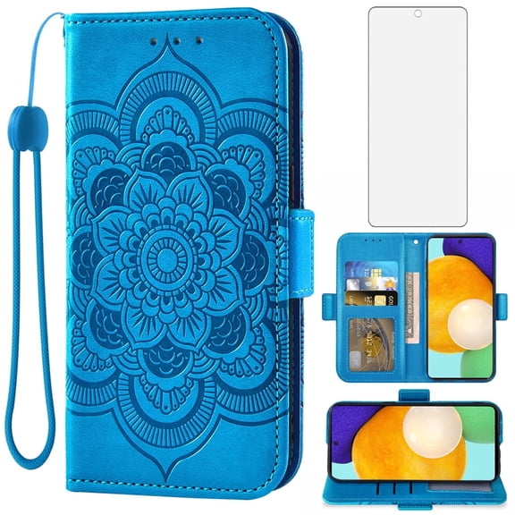 Compatible with Samsung Galaxy A52/A52S 5G Wallet Phone Case and Tempered Glass Screen Protector Flip Credit Card Holder Stand Mandala Flower Cell Cover for A 52 S 4G G5 52A S52 52S Women Men Blue