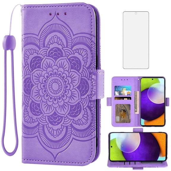 Compatible with Samsung Galaxy A52/A52S 5G Wallet Phone Case and Tempered Glass Screen Protector Flip Credit Card Holder Stand Mandala Flower Cell Cover for A 52 S 4G G5 52A S52 52S Women Men Purple