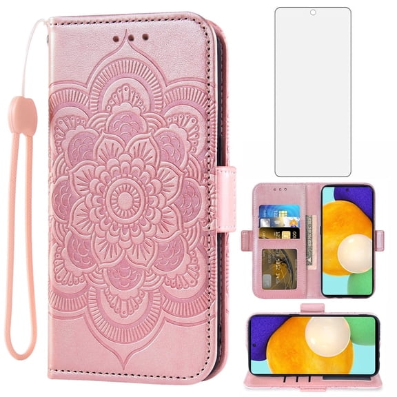 Compatible with Samsung Galaxy A52/A52S 5G Wallet Phone Case and Tempered Glass Screen Protector Flip Credit Card Holder Stand Mandala Flower Cell Cover for A 52 S 4G G5 52A S52 52S Women Men Pink