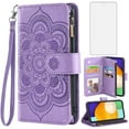thumbnail image 1 of Compatible with Samsung Galaxy A52/A52S 5G Wallet Phone Case and Tempered Glass Screen Protector Flower Faux Leather Flip Credit Card Holder Stand Zipper Cell Cover for A 52 S 4G G5 52A Women Purple, 1 of 8