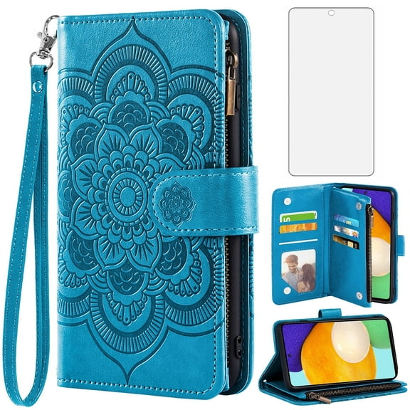 Compatible with Samsung Galaxy A52/A52S 5G Wallet Phone Case and Tempered Glass Screen Protector Flower Faux Leather Flip Credit Card Holder Stand Zipper Cell Cover for A 52 S 4G G5 52A Women Blue