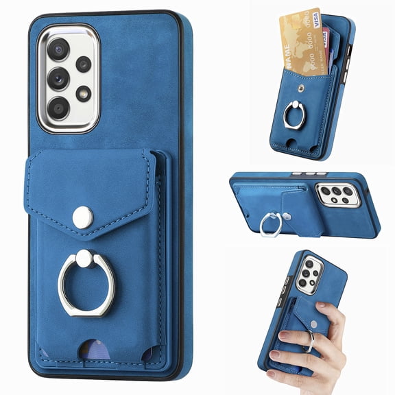 Compatible with Samsung Galaxy A53 5G Card Slot Back Case, 360 Degree Rotatable Ring Stand Plating Button PU Leather Support Magnetic Car Mount Phone Case Cover for Samsung Galaxy A53 5G, Blue