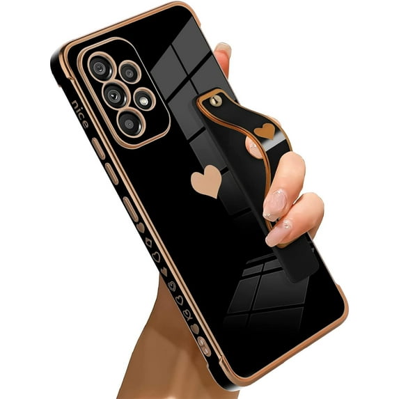 Compatible with Samsung Galaxy A53 5G Case Love Heart Plating Wristband Luxury Elegant Case Camera Protector Soft TPU Kickstand Protective Corner Back Cover Galaxy A53 5G Case -Black