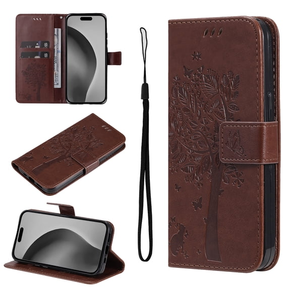 Compatible with Samsung Galaxy A53 5G Case Wallet Case with Kickstand Credit Card Holder Slots Cute Cat Butterfly & Tree Embossed Premium PU Leather Protective Phone Case with Wrist Strap,Coffee
