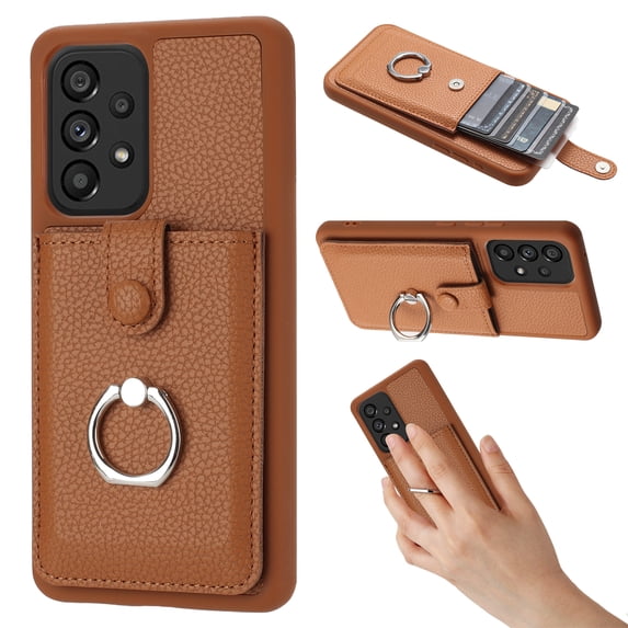 Compatible with Samsung Galaxy A53 5G Wallet Phone Case,360°Rotation Finger Ring Holder Kickstand,with Card Holder,Lychee Pattern PU Leather Durable Shockproof Rugged Phone Case,Brown