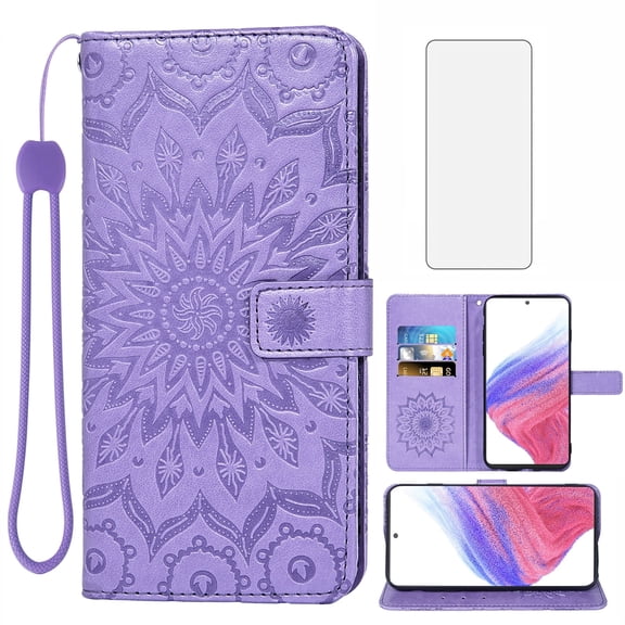 Compatible with Samsung Galaxy A53 5G Wallet Phone Case and Tempered Glass Screen Protector Flip Credit Card Holder Stand Mandala Flower Cell Cover for A 53 G5 53A SM A536U 6.5" 2022 Women Men Purple