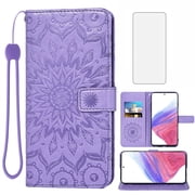 Compatible with Samsung Galaxy A53 5G Wallet Phone Case and Tempered Glass Screen Protector Flip Credit Card Holder Stand Mandala Flower Cell Cover for A 53 G5 53A SM A536U 6.5" 2022 Women Men Purple