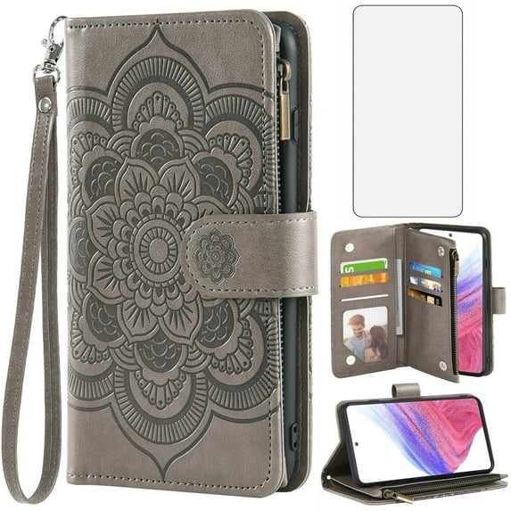 Compatible with Samsung Galaxy A53 5G Wallet Phone Case and Tempered Glass Screen Protector Flower Faux Leather Flip Credit Card Holder Stand Zipper Cell Cover for A 53 53A SM A536U 2022 Women Grey