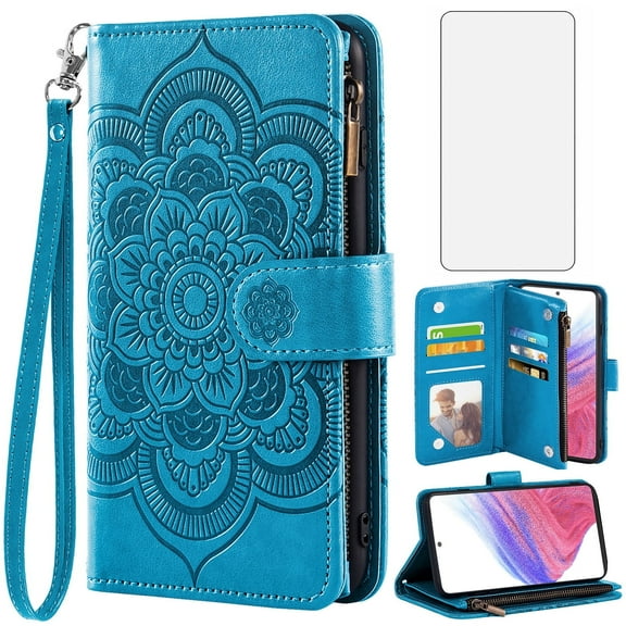 Compatible with Samsung Galaxy A53 5G Wallet Phone Case and Tempered Glass Screen Protector Flower Faux Leather Flip Credit Card Holder Stand Zipper Cell Cover for A 53 53A SM A536U 2022 Women Blue