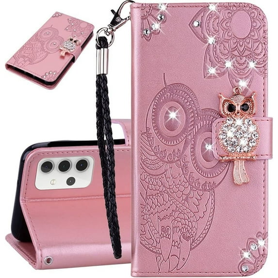 Compatible with Samsung Galaxy A54 5G Case Glitter Stylish Crystal Owl with Wrist Strap Kickstand Magnetic Leather Wallet for Women Flip Phone Case for Samsung Galaxy A54 5G Rose Gold YK
