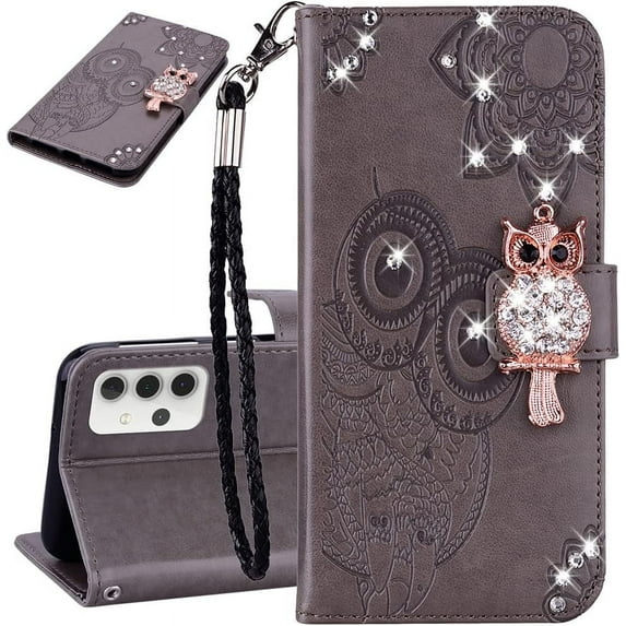 Compatible with Samsung Galaxy A54 5G Case Glitter Stylish Crystal Owl with Wrist Strap Kickstand Magnetic Leather Wallet for Women Flip Phone Case for Samsung Galaxy A54 5G Grey YK