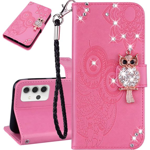 Compatible with Samsung Galaxy A54 5G Case Glitter Stylish Crystal Owl with Wrist Strap Kickstand Magnetic Leather Wallet for Women Flip Phone Case for Samsung Galaxy A54 5G Pink YK