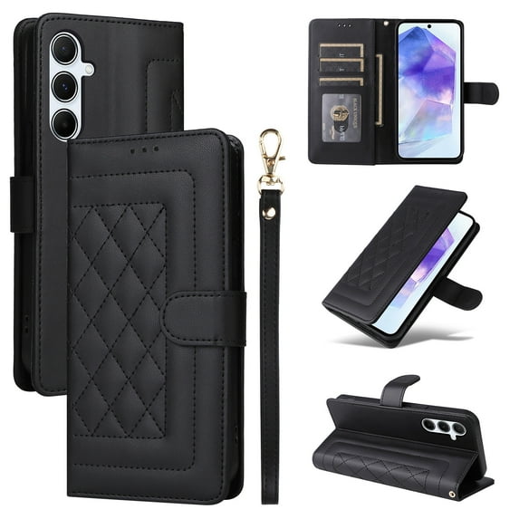 Compatible with Samsung Galaxy A54 5G Case, Premium Leather Wallet Book Case Magnetic Flip RFID Blocking Credit Card Holder Kickstand with Wrist Strap Shock Absorbing Case, Black