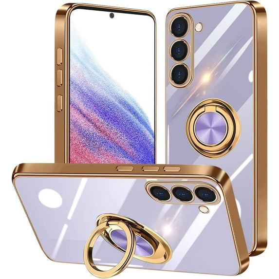 Compatible with Samsung Galaxy A54 5G Case Slim Thin with Ring Stand Metal Electroplated Soft Flexible Tup Frame Full Body Shock-Absorption Bumper Hard Back Mobile Cover-Purple
