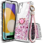 Compatible with Samsung Galaxy A54 5G Case with Tempered Glass Screen Protector, Ring Holder/Wrist Strap, Nagebee Glitter Liquid Floating Waterfall Cute Phone Cover Clear Gem