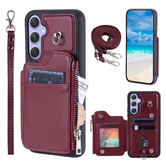 Compatible with Samsung Galaxy A54 5G PU Leather Clasp Flip Zipper Purse Case, with Shoulder Strap Lanyard for Women Credit Card Holder Cell Accessories Phone Cover for Samsung Galaxy A54 5G, Winered