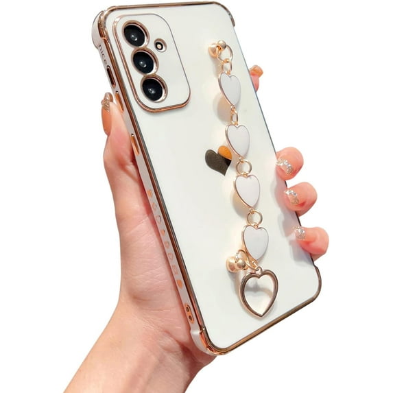 Compatible with Samsung Galaxy A54 5G Phone Case with Heart Bracelet Strap Luxury Plating Cute Love Heart Case Hand Chain Case Soft Case for Galaxy A54 6.4 inch (White)