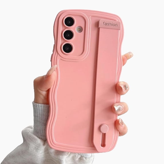 Compatible with Samsung Galaxy A54 5G Phone Case with Wrist Strap Kickstand Cute Solid Color Curly Wave Frame A54 Case Women Camera Protection Soft Cover (Pink, Samsung Galaxy A54 5G)