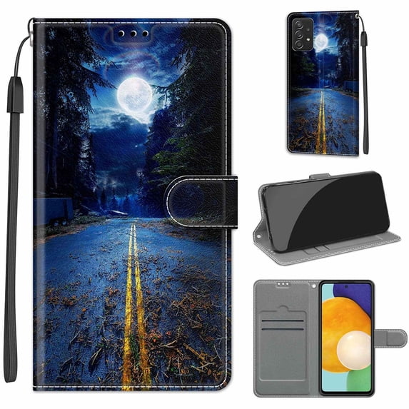 Compatible with Samsung Galaxy A54 5G Wallet Case for Men Women, Premium PU Leather Flip Cover with Card Holder, Wrist Strap, Kickstand Shockproof Magnetic Clasp Case, Night Road + Moon