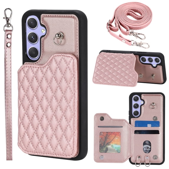 Compatible with Samsung Galaxy A54 5G Wallet Case, PU Leather with Card Holder Kickstand Removable Shoulder Strap & Lanyard Case Protective Back Case Cover for Samsung Galaxy A54 5G, Rosegold