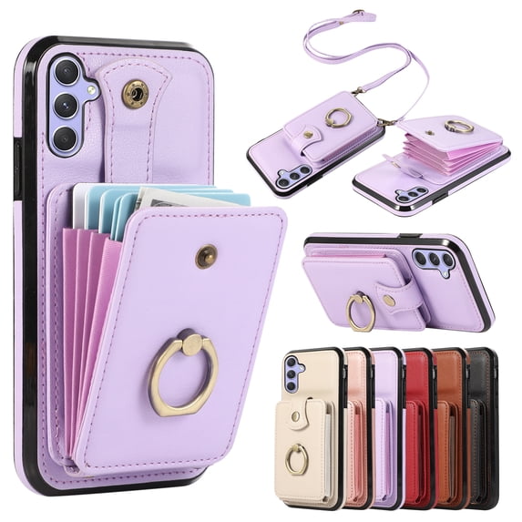 Compatible with Samsung Galaxy A54 5G Wallet Case, PU Leather Case with Card Holder, 360° Rotation Ring Kickstand, Shoulder Strap, Magnetic Snap Protective Case Designed for A54 5G, Purple