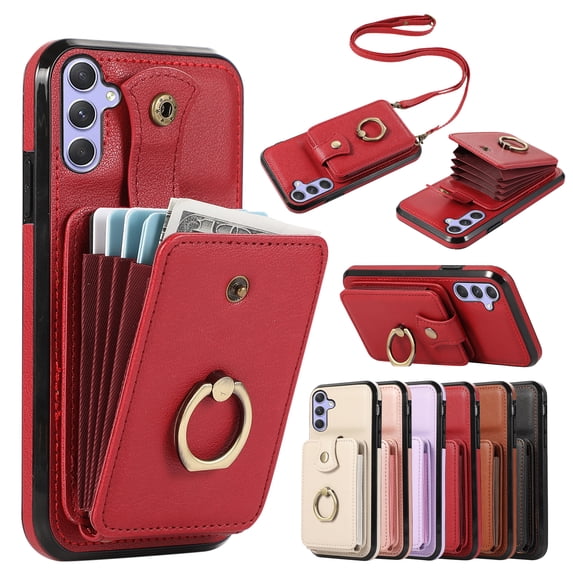 Compatible with Samsung Galaxy A54 5G Wallet Case, PU Leather Case with Card Holder, 360° Rotation Ring Kickstand, Shoulder Strap, Magnetic Snap Protective Case Designed for A54 5G, Red