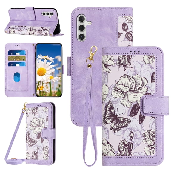 Compatible with Samsung Galaxy A54 5G Wallet Case for Women, Shoulder Strap + Wristband Premium PU Leather Floral Flip Cover with Card Holder Kickstand Feature Protective Purse Case, Purple