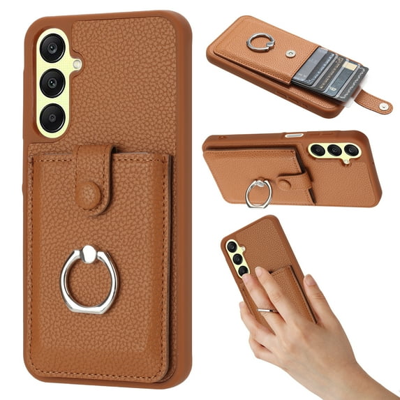 Compatible with Samsung Galaxy A54 5G Wallet Phone Case,360°Rotation Finger Ring Holder Kickstand,with Card Holder,Lychee Pattern PU Leather Durable Shockproof Rugged Phone Case,Brown