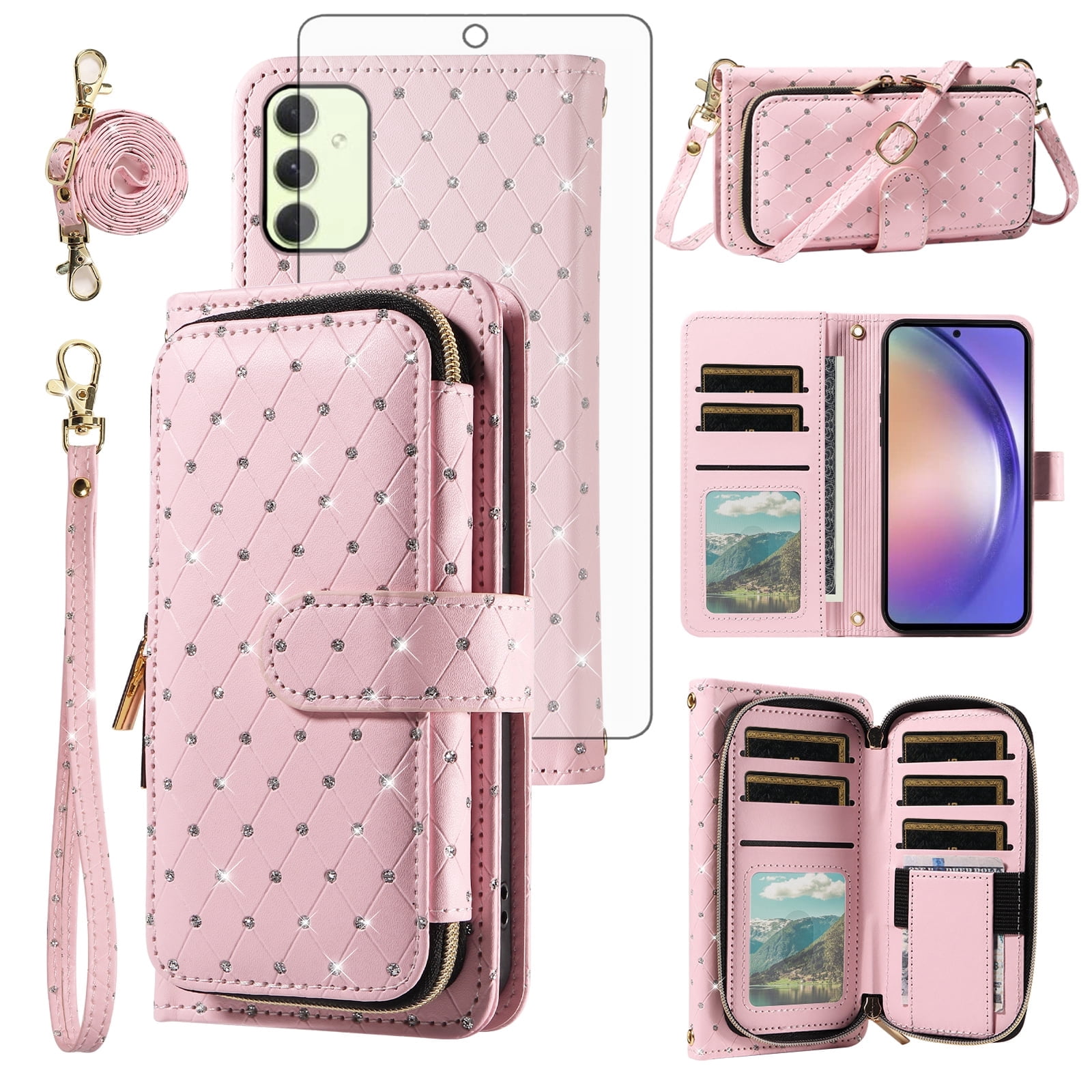 Compatible with Samsung Galaxy A54 5G Wallet Phone Case Tempered Glass Screen Protector Bling Glitter Crossbody Lanyard Strap Flip Zipper Purse Card Holder Cell Cover for A 54 54A SM A546U Women Pink