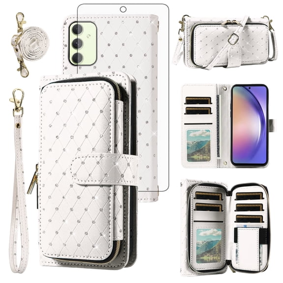 Compatible with Samsung Galaxy A54 5G Wallet Phone Case Tempered Glass Screen Protector Bling Glitter Crossbody Lanyard Strap Flip Zipper Purse Card Holder Cell Cover for A 54 54A SMA546U Women White