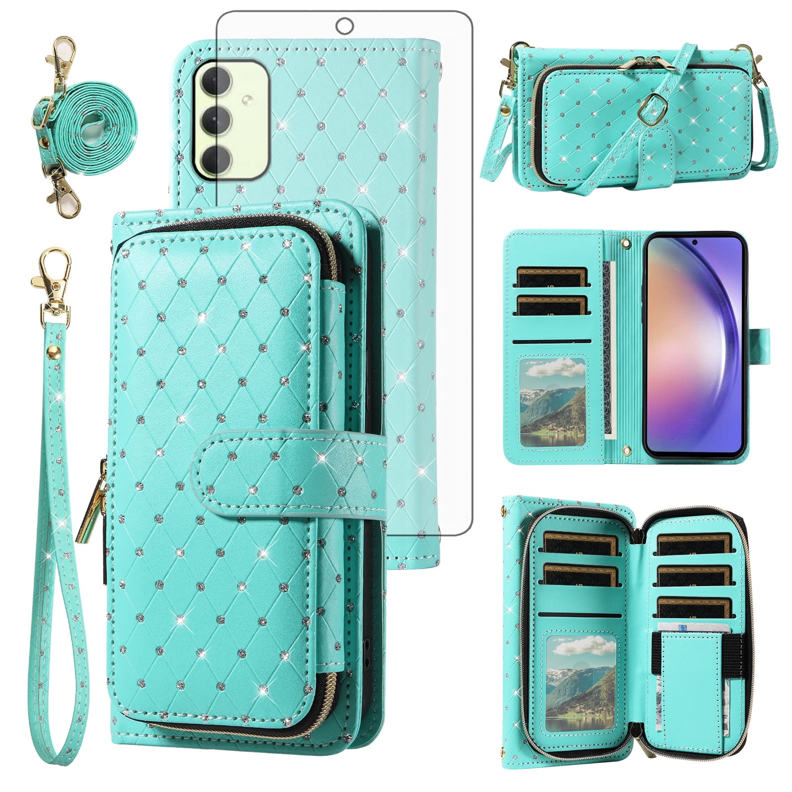 Compatible with Samsung Galaxy A54 5G Wallet Phone Case Tempered Glass Screen Protector Bling Glitter Crossbody Lanyard Strap Flip Zipper Purse Card Holder Cell Cover for A 54 54A SMA546U Women Green