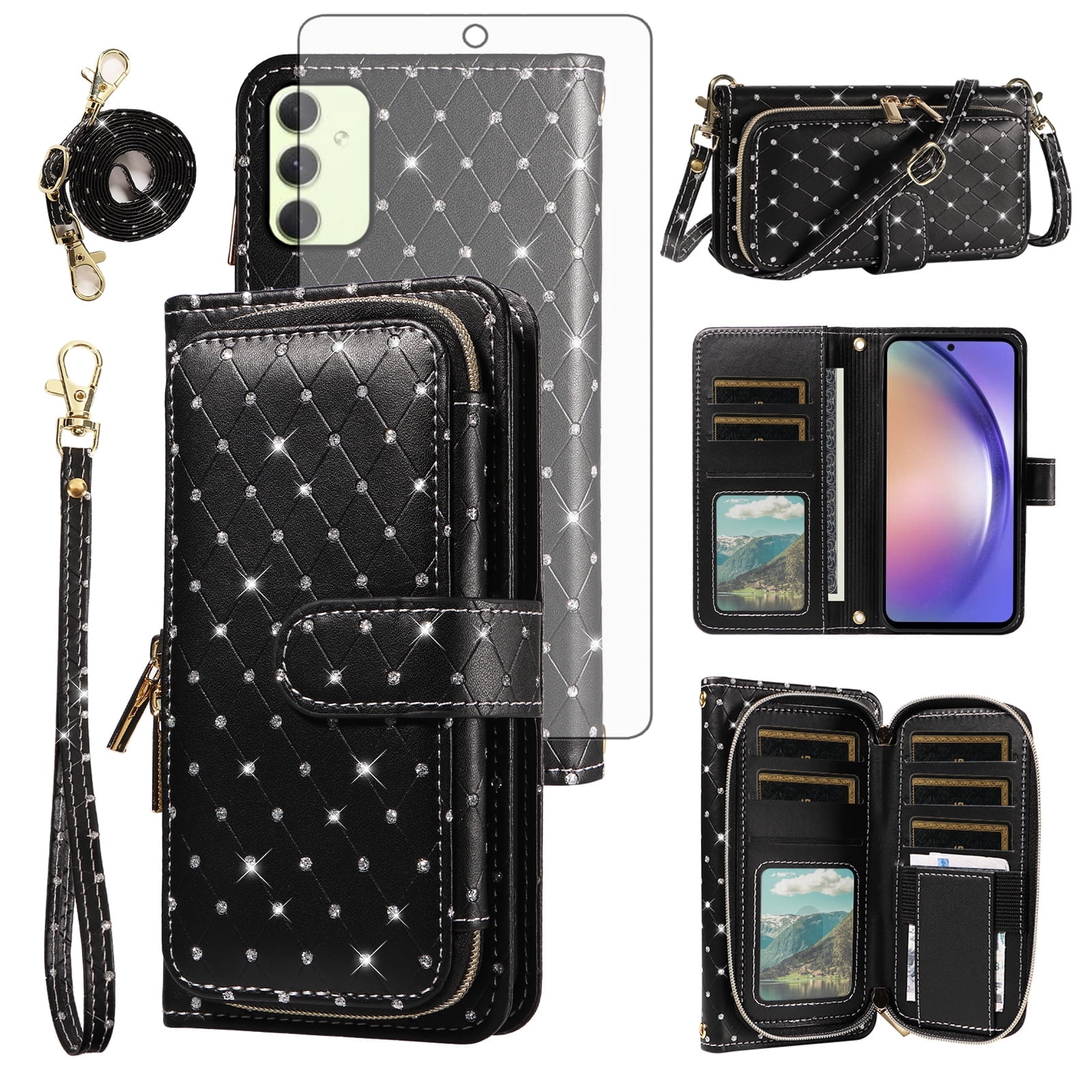 Compatible with Samsung Galaxy A54 5G Wallet Phone Case Tempered Glass Screen Protector Bling Glitter Crossbody Lanyard Strap Flip Zipper Purse Card Holder Cell Cover for A 54 54A SMA546U Women Black