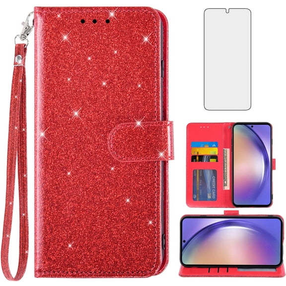 Compatible with Samsung Galaxy A54 5G Wallet Phone Case and Tempered Glass Screen Protector Flip Credit Card Holder Stand Bling Glitter Cell Cover for A545G A 54 54A 4G G5 SM A546U Women Men Red