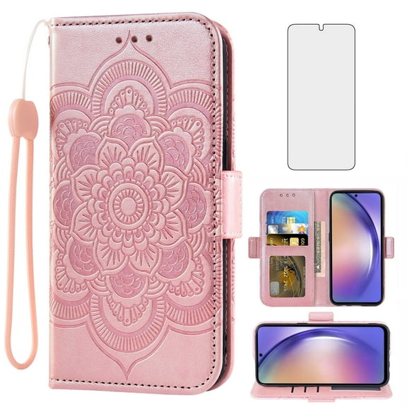Compatible with Samsung Galaxy A54 5G Wallet Phone Case and Tempered Glass Screen Protector Flip Credit Card Holder Stand Mandala Flower Cell Cover for A545G A 54 54A 4G G5 SM A546U Women Men Pink