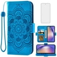thumbnail image 1 of Compatible with Samsung Galaxy A54 5G Wallet Phone Case and Tempered Glass Screen Protector Flip Credit Card Holder Stand Mandala Flower Cell Cover for A545G A 54 54A 4G G5 SM A546U Women Men Blue, 1 of 8