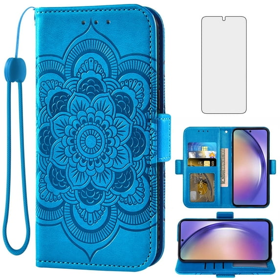 Compatible with Samsung Galaxy A54 5G Wallet Phone Case and Tempered Glass Screen Protector Flip Credit Card Holder Stand Mandala Flower Cell Cover for A545G A 54 54A 4G G5 SM A546U Women Men Blue