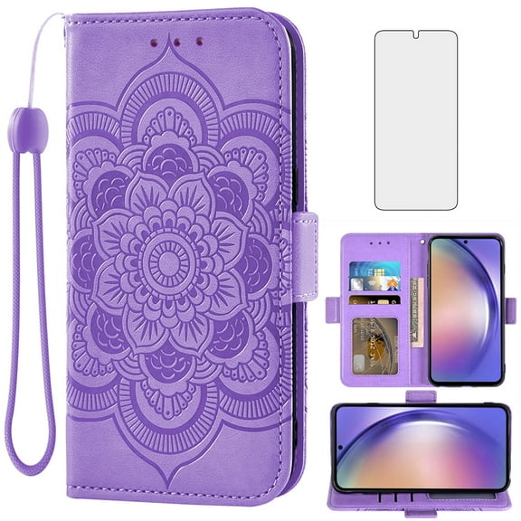 Compatible with Samsung Galaxy A54 5G Wallet Phone Case and Tempered Glass Screen Protector Flip Credit Card Holder Stand Mandala Flower Cell Cover for A545G A 54 54A 4G G5 SM A546U Women Men Purple