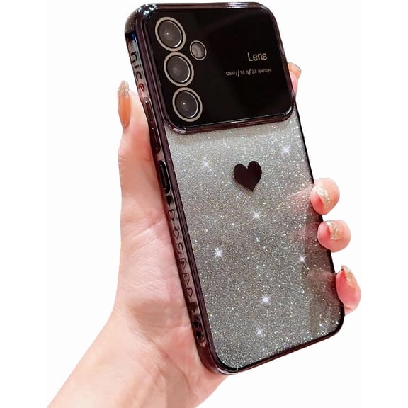 Compatible with Samsung Galaxy A54 5g Plating Cute Heart Phone Case,Gradient Glitter Bling Clear Case Women Full Camera Lens Protection Soft Shockproof Bumper Cover (Black)