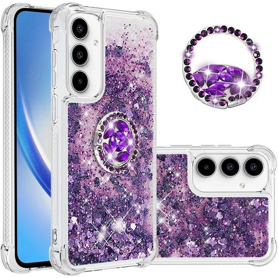 Compatible with Samsung Galaxy A55 5G Case Glitter Liquid Clear Bling Moving Floating Sparkle with Ring Diamond Kickstand TPU Girly Women Cute Phone Case for Samsung Galaxy A55 5G Purple YBZ